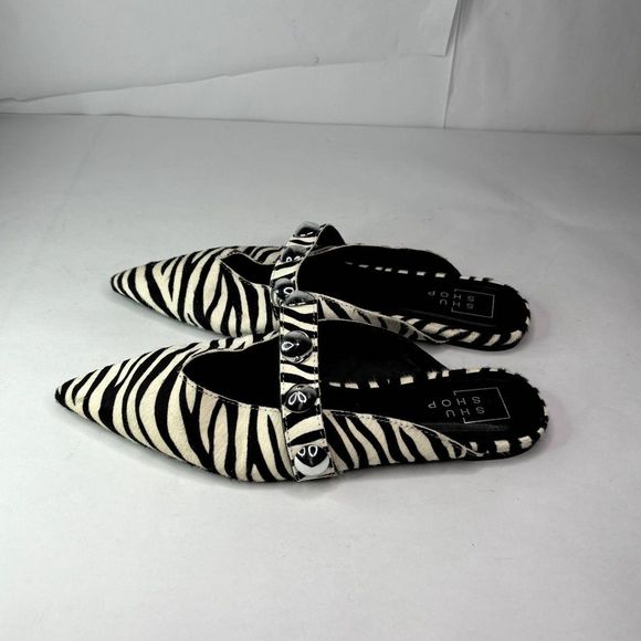 Shu Shop Alma Leather Zebra Hair Mules Ballerina Silver Pointed Toe Womens - Picture 5 of 10